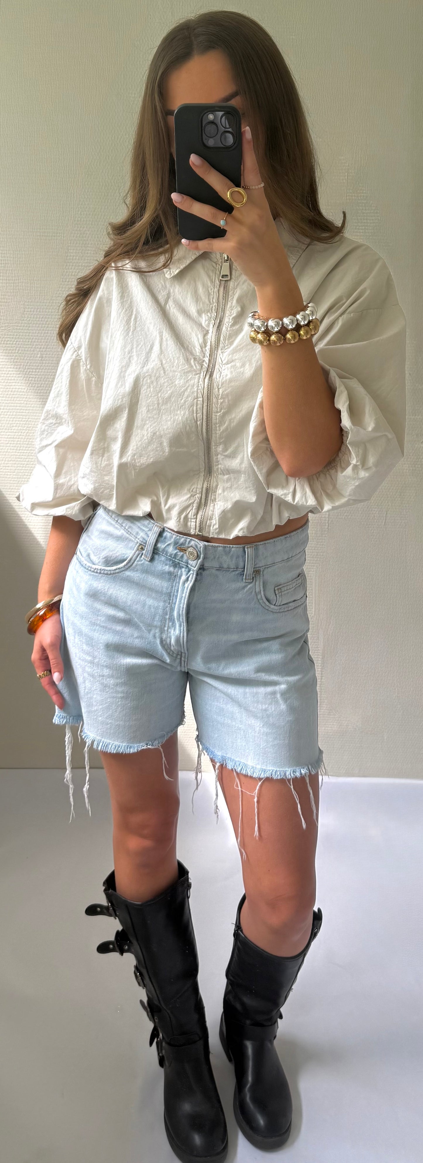 Cropped blouse beige met rits