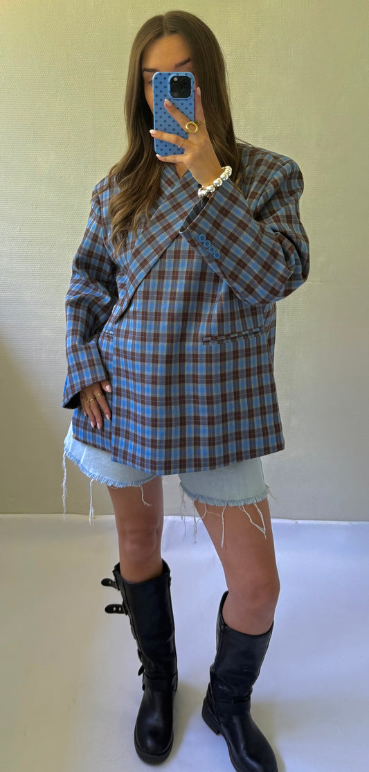 Oversized blazer blauw geruit